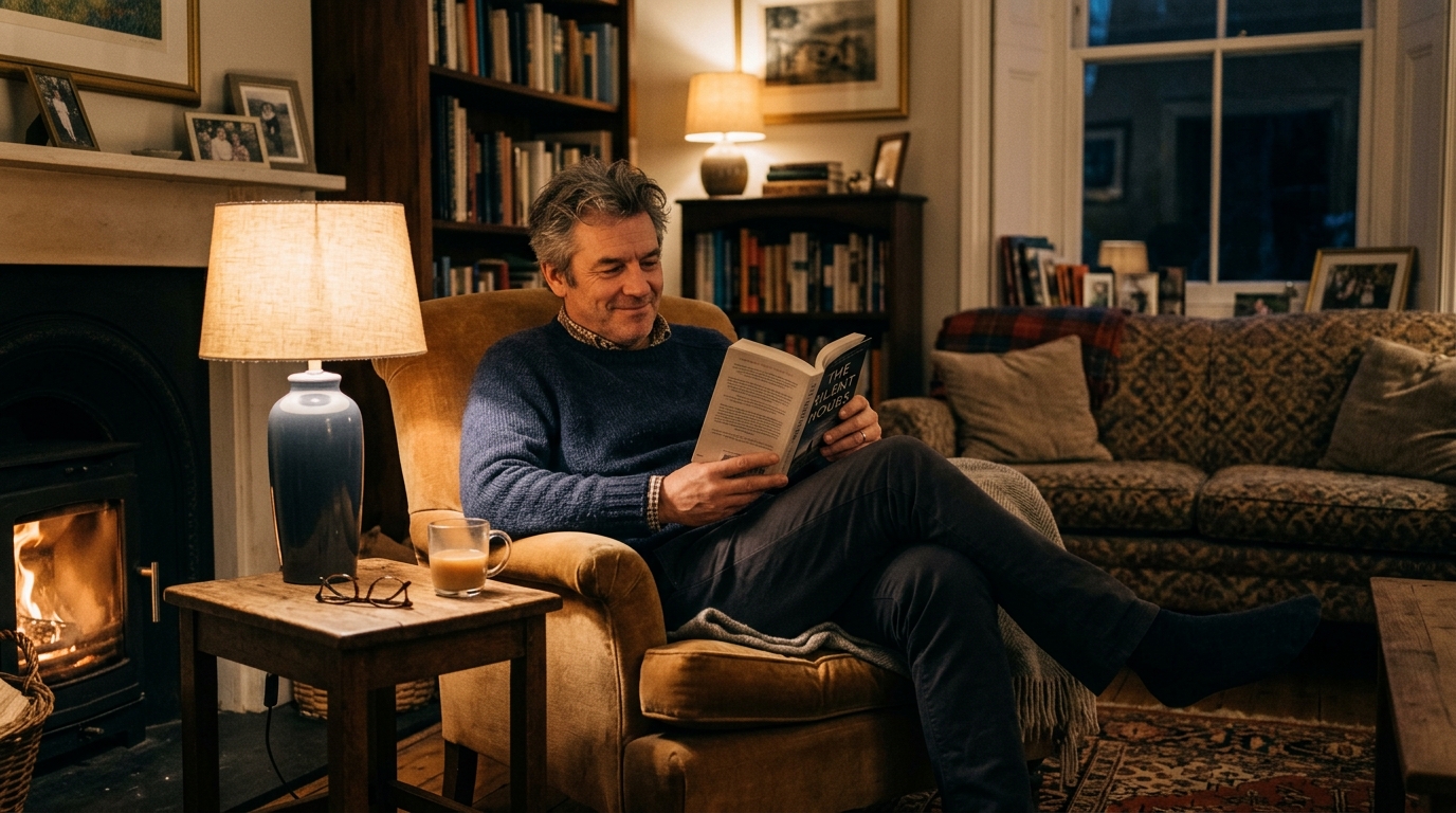 British man in his late 40s unwinding peacefully in a warm living room with a book